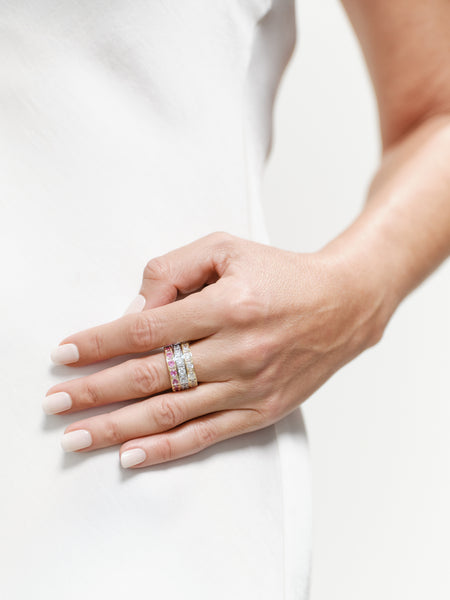R227-RH - SOPHIA -Rhodium eternity band alternating pattern of round brilliant-cut and baguette-cut Cz's.
