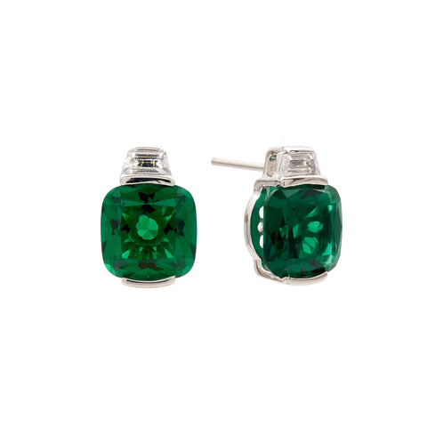 E23-G - ERIN - Rhodium Plated Tapered CZ And Green Square Earrings