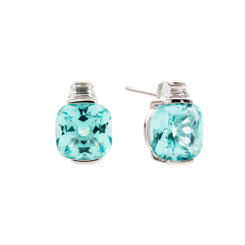 E23-LB - ERIN - Rhodium Plated Tapered CZ And Light Blue Square Earrings