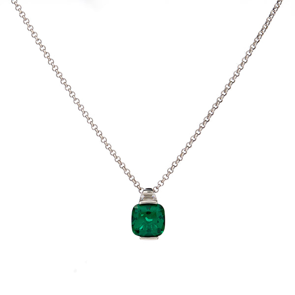 P23-G - ERIN - Rhodium Plated Tapered CZ And Green Square Pendant