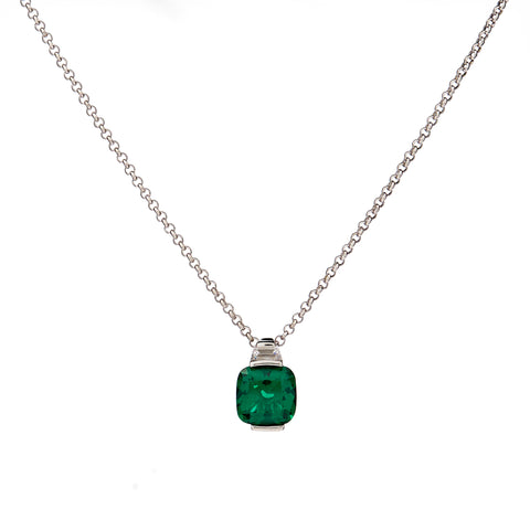 P23-G - ERIN - Rhodium Plated Tapered CZ And Green Square Pendant
