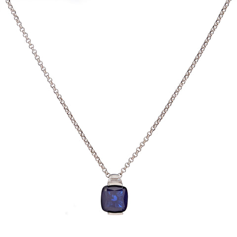 P23-S - ERIN - Rhodium Plated Tapered CZ And Sapphire Blue Square Pendant