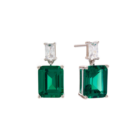 E201-GR - SASHA - Rhodium Plated Tapered Baguette and Green Rectangle Earrings