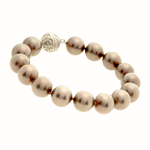 B712 - 12mm coffee pearl bracelet with silver cubic zirconia ball clasp -