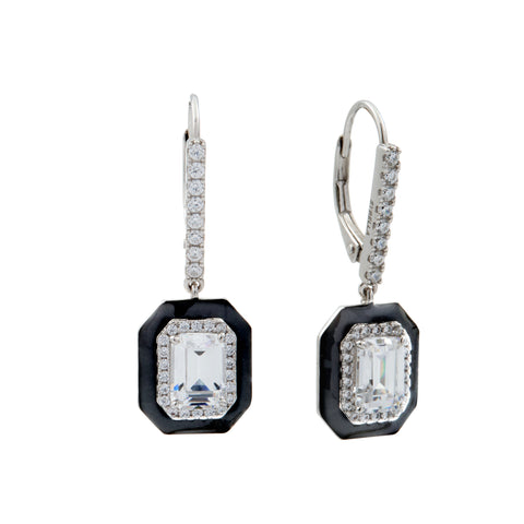 E2166 - BRIDGET - Rhodium Black & Clear CZ Square Art Deco Earrings on Hook