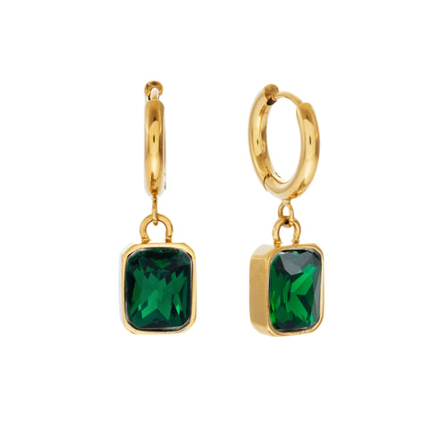 E140-GSS-LUNA-Gold Plate Stainless Steel Drop Earring with Green Rectangular and Clear CZ