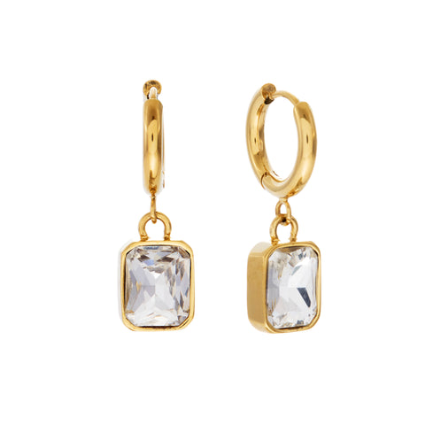E140-GGP-LUNA-Gold Plate Stainless Steel Drop Earring with Green Rectangular and Clear CZ         (Copy) (Copy)