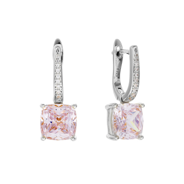 E159-PRH-IRIS-Rhodium and Square Light Pink and Clear CZ Earring