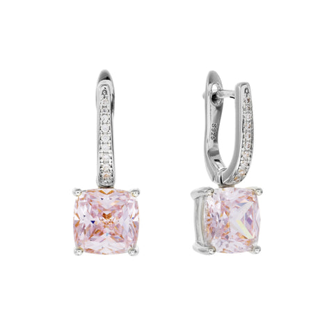 E159-PRH-IRIS-Rhodium and Square Light Pink and Clear CZ Earring