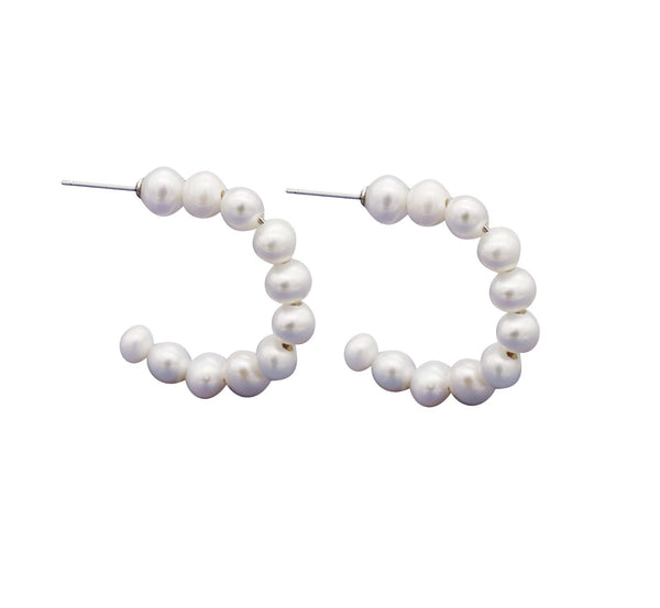 E1673-RH - ELKE Rhodium Freshwater Pearl half-moon hoops