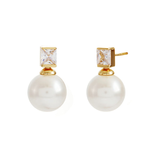 E3084-GP-BRONTE- Gold Plate Bezel Set CZand White Pearl Stud Earring