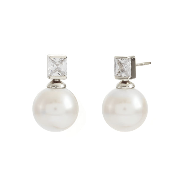 E3084-RH-BRONTE- Rhodium Bezel Set CZand White Pearl Stud Earring