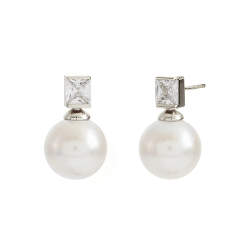 E3084-RH-BRONTE- Rhodium Bezel Set CZand White Pearl Stud Earring
