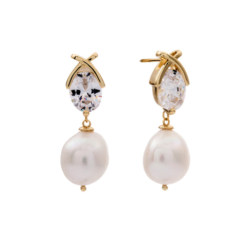 E405-GP-TALULLAH- Gold Plate, White Freshwater Pearl and CZ Drop Earring