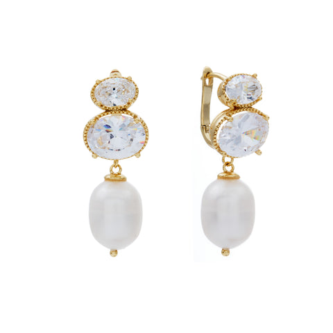 E459-GP-ALESSIA- Gold Plate, White Freshwater Pearl and CZ Drop Earring