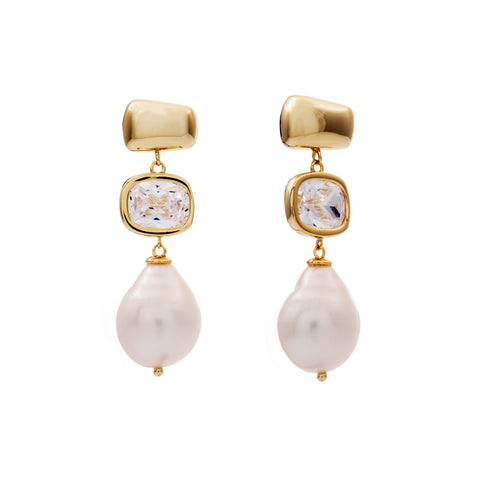 E510-GP-NOVA- Gold Plate, White Freshwater Pearl and CZ Drop Earring