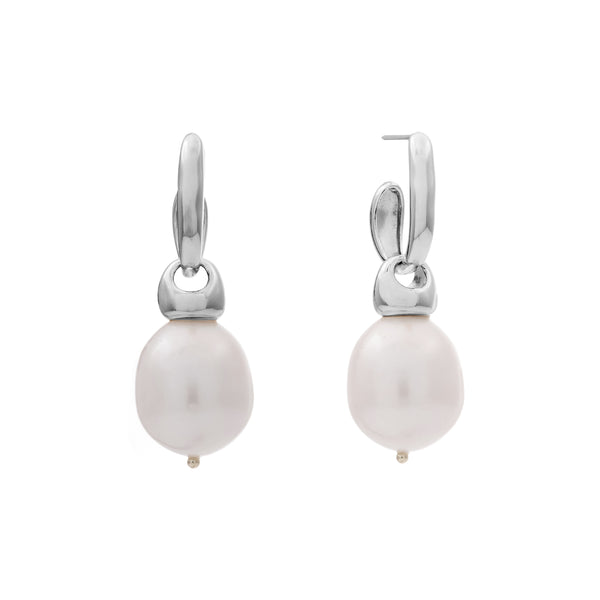 E511-RH-ALAYA- Rhodium and White Freshwater Pearl C Hoop Earring