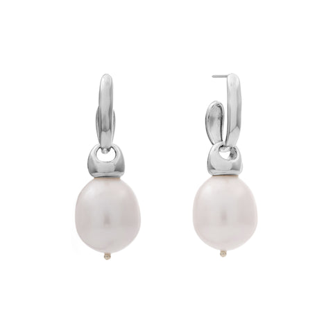 E511-RH-ALAYA- Rhodium and White Freshwater Pearl C Hoop Earring