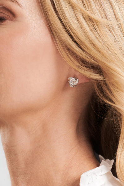 E195-RH ELSIE Rhodium Knot Style with Clear Baguette CZ Stud Earrings