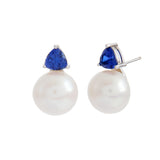 E1042-B-GISELLE- Rhodium & Blue Triangle CZ and White Fresh Water Pearl Stud Earring