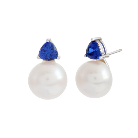 E1042-B-GISELLE- Rhodium & Blue Triangle CZ and White Fresh Water Pearl Stud Earring