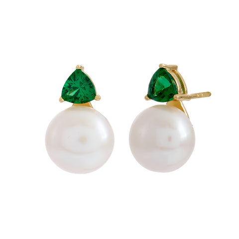 E1042-G-GISELLE- Gold Plate & Green Triangle CZ and White Fresh Water Pearl Stud Earring