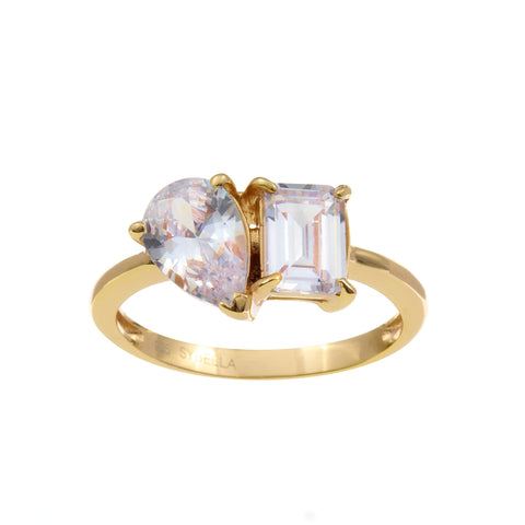 R9454-GP - JENNY - Gold plated claw-set baguette and pear-shaped cubic zirconia ring