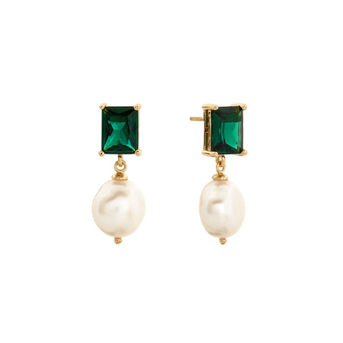 E127-GR MISTY Deep Green CZ Baguette with Pearl Drop Gold Earring