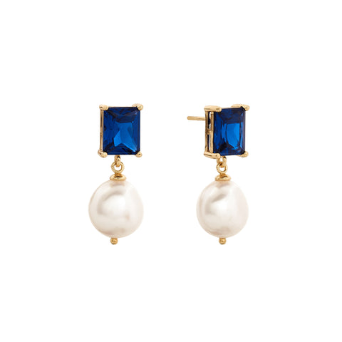 E127-S MISTY Deep Blue CZ Baguette with Pearl Drop Gold Earring