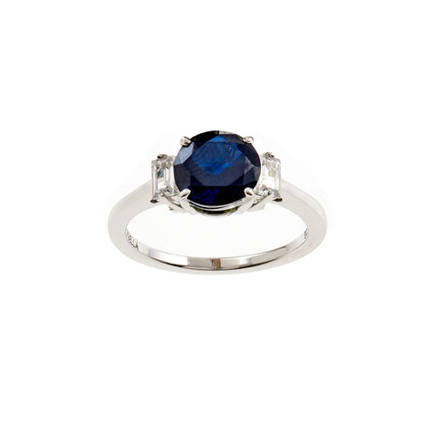 R1805-S NIXI Rhodium clear baguette cz and sapphire blue round claw set ring