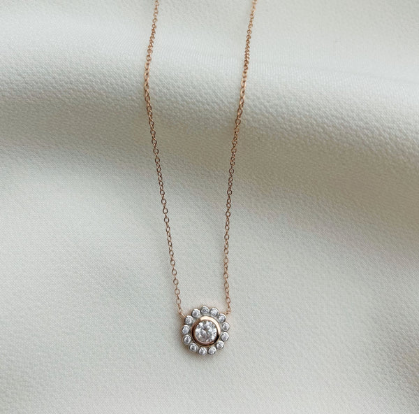 P782-RG  - Rose Gold Plate  and clear cubic zirconia flower necklace -