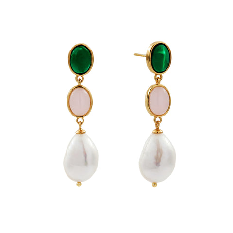 E1874-G - PETUNIA - Emerald Green & Smoky Pink Oval CZ With Freshwater Pearl Drop Earrings