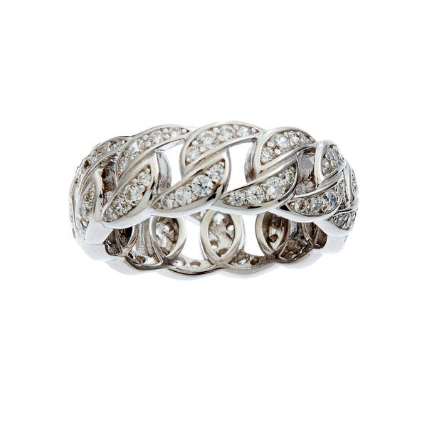 R1685- ANTONELLA- Rhodium Plate Braided Chain-link Clear Micro Pave CZ Ring