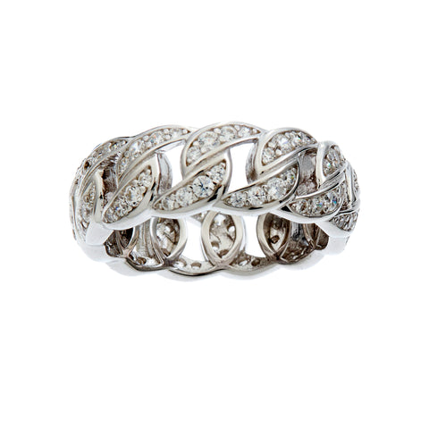 R1685- ANTONELLA- Rhodium Plate Braided Chain-link Clear Micro Pave CZ Ring