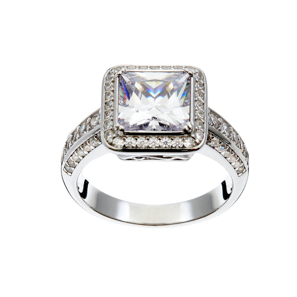 R1700- CELINE- Rhodium Plate Princess-cut Clear, Clear Micro Paver round Cz Ring