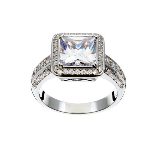 R1700- CELINE- Rhodium Plate Princess-cut Clear, Clear Micro Paver round Cz Ring