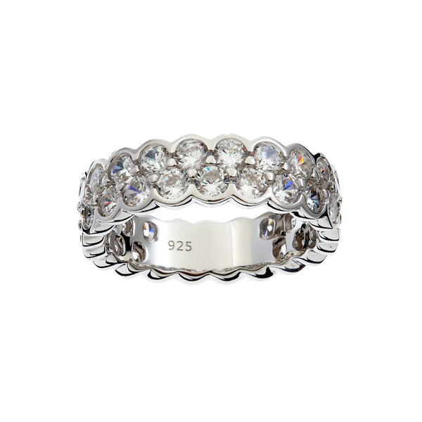 R2158-ORELIA- Rhodium Plate eternity band ring featuring two rows of round, clear Cz's in a scalloped setting .