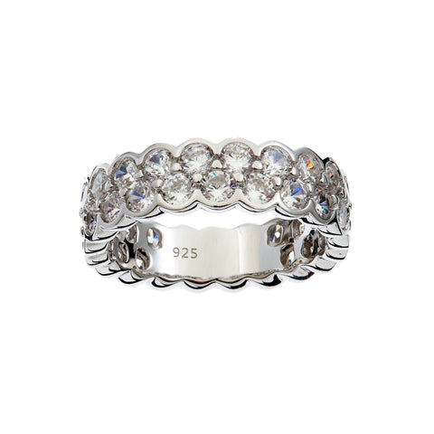 R2158-ORELIA- Rhodium Plate eternity band ring featuring two rows of round, clear Cz's in a scalloped setting .