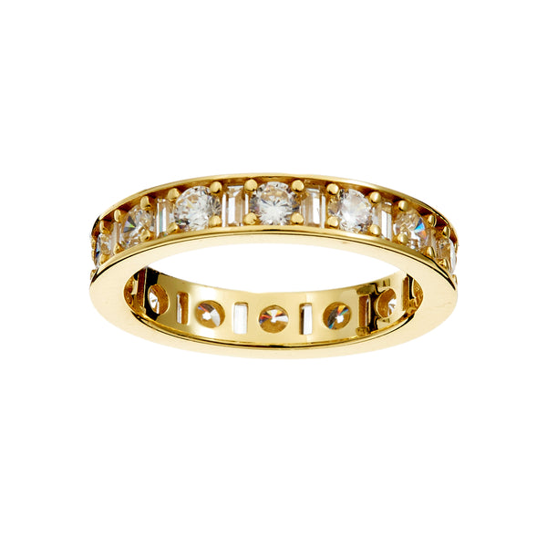 R227-GP - SOPHIA-gold eternity band alternating pattern of round brilliant-cut and baguette-cut Cz's.