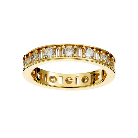 R227-GP - SOPHIA-gold eternity band alternating pattern of round brilliant-cut and baguette-cut Cz's.