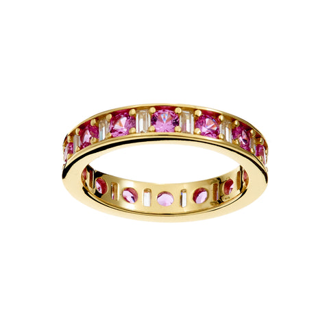 R227-P - SOPHIA -Gold Plate eternity band alternating pattern of Pink Round Brilliant-Cut and Baguette-Cut Clear Cz's.