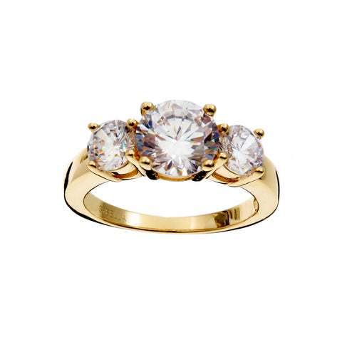 R2547 -GP MEG- Gold Plate 3 Stone Claw Set Cubic Zirconia Ring