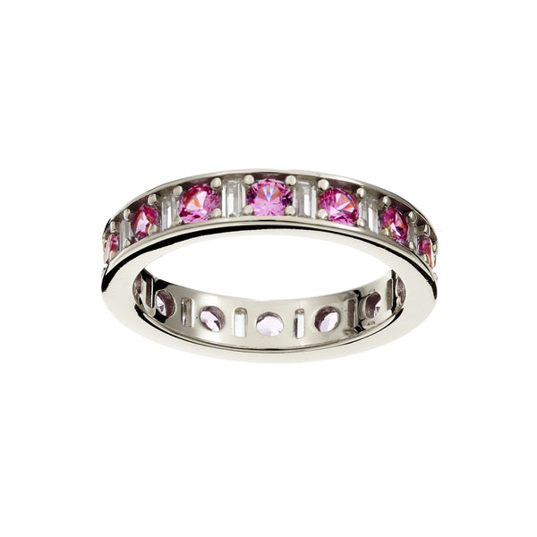 R227-PRH - SOPHIA -Rhodium eternity band alternating pattern of Pink Round Brilliant-Cut and Baguette-Cut Clear Cz's.