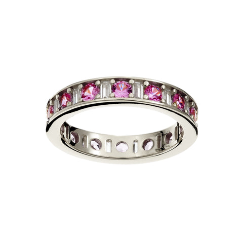 R227-PRH - SOPHIA -Rhodium eternity band alternating pattern of Pink Round Brilliant-Cut and Baguette-Cut Clear Cz's.