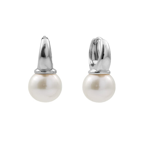 E1875-RH - BIANCA - Rhodium Hoop With 10mm Freshwater Pearl Drop Earrings