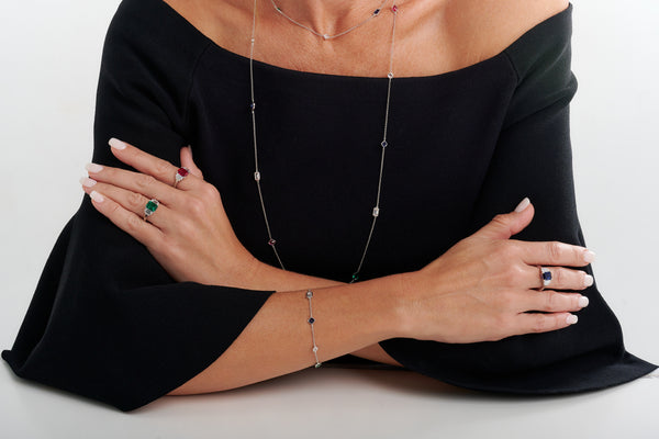 N233-RH  - MILA - Long Ruby, Sapphire and Emerald Green CZ Rhodium Plated 925 Sterling Silver Necklace