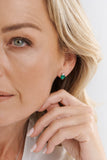 E23-G - ERIN - Rhodium Plated Tapered CZ And Green Square Earrings