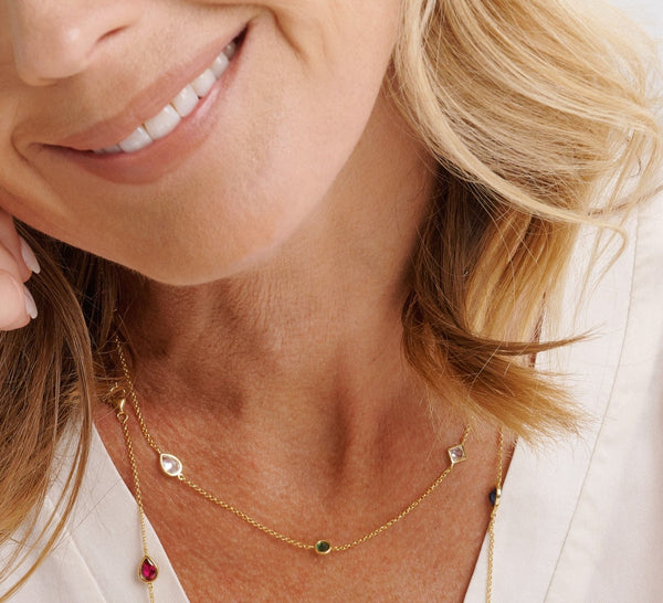 N2342-GP  - MILA -Short  Ruby, Sapphire and Emerald Green CZ Gold Plate Necklace