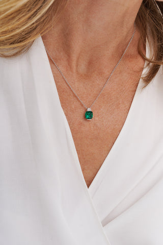 P23-G - ERIN - Rhodium Plated Tapered CZ And Green Square Pendant