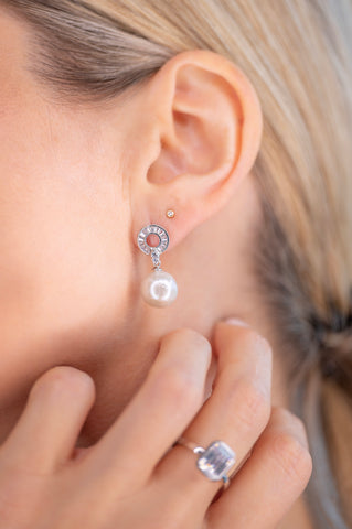 E587 TEYA Round Pearl Drop Earring with CZ Baguette Circle